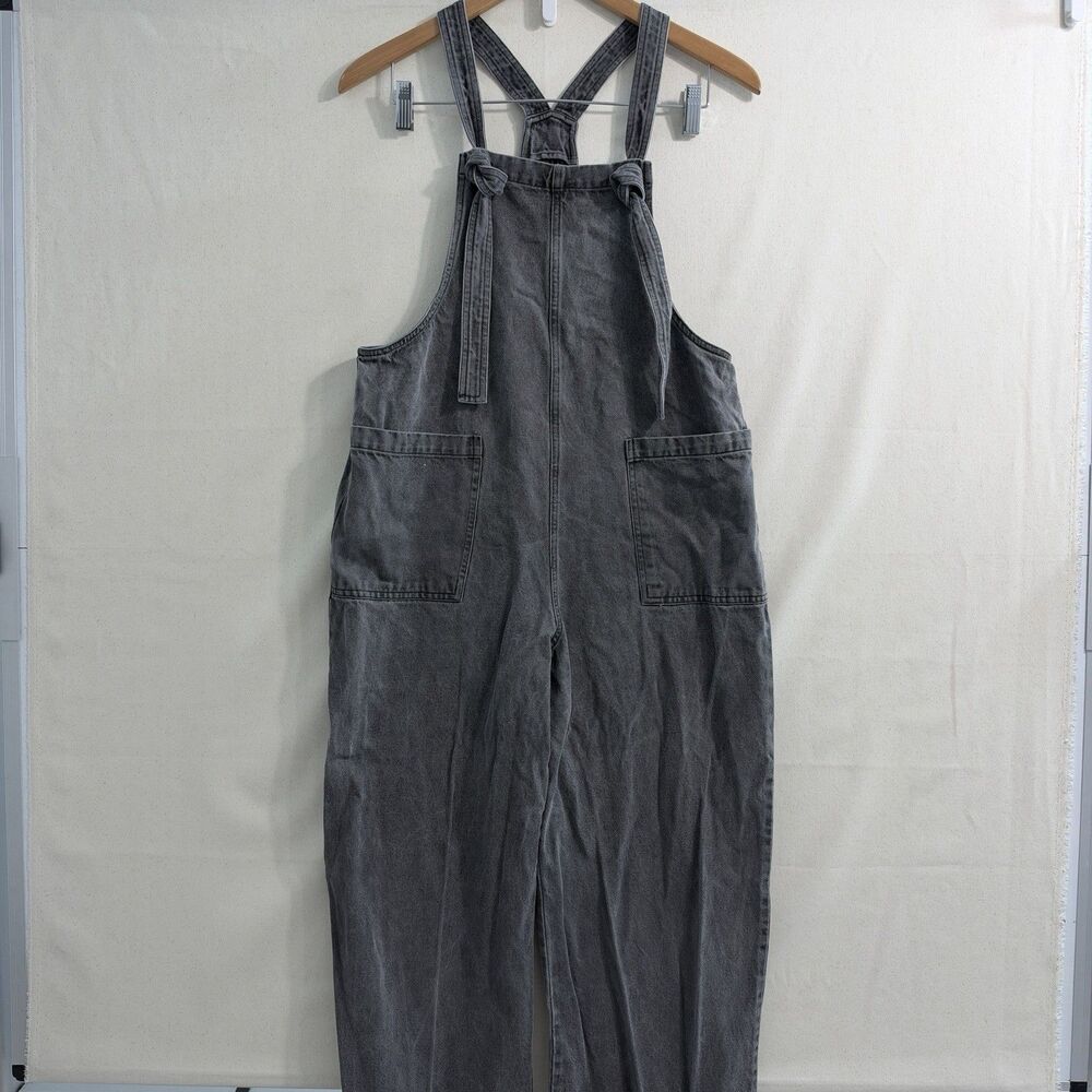 Miou Muse Overalls Womens Small Gray Denim Wide Leg Cropped Tie Strap Boho